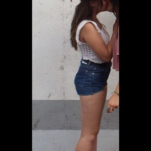 dark wash mid-high rise jean shorts